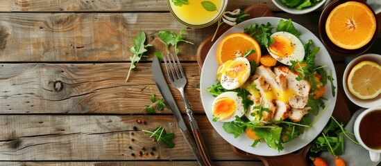 Poster - On a wooden table, view from above, a nutritious diet menu including chicken salad, egg pancakes, oranges, salad with vinaigrette dressing. Background with ample copy space image.