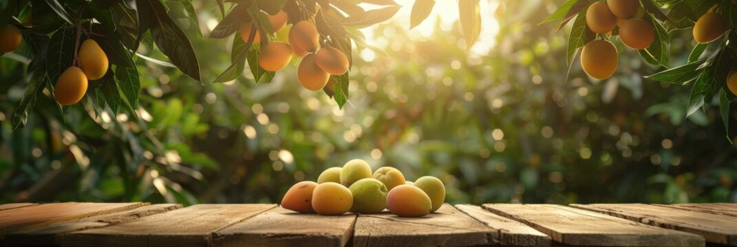 Mangoes on a Wooden Table in a Lush Orchard