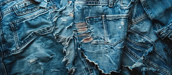 Aufkleber - Ripped denim jeans with a worn-out look provide a trendy touch to a casual outfit, ideal for a stylish, modern appeal in a copy space image.