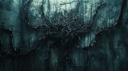 Dark Industrial Wall Covered with Complex Network of Cables