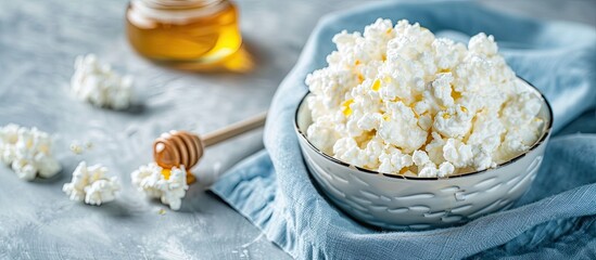 Aufkleber - Glassware with soft cottage cheese and honey on a blue napkin, a delightful dairy product perfect for breakfast with a copy space image.