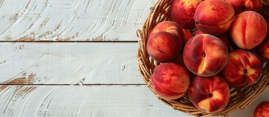 Poster - Top view of a basket of fresh organic peaches on a white wooden table, emphasizing clean eating. Ideal for text with a close-up shot showing beautiful copy space image.