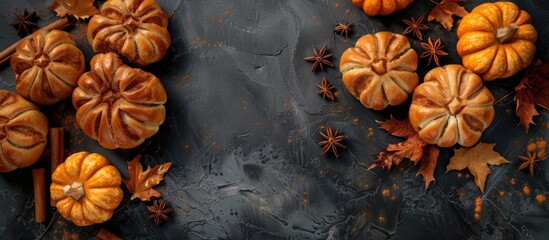 Poster - Top view of delicious pumpkin-shaped buns and cinnamon on a dark backdrop with room for text, ideal for a copy space image.