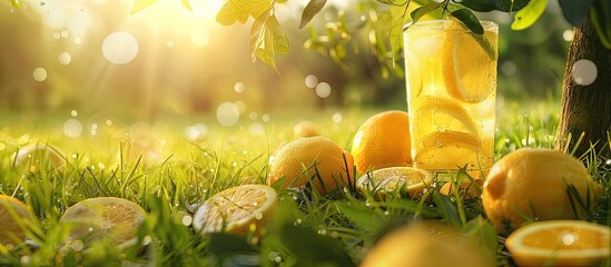 Poster - Glass of lemonade with lemons and oranges on a tree, set against a backdrop of lush green grass with copy space image.