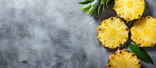 Poster - Pineapple slices arranged on a gray stone backdrop with copy space image.