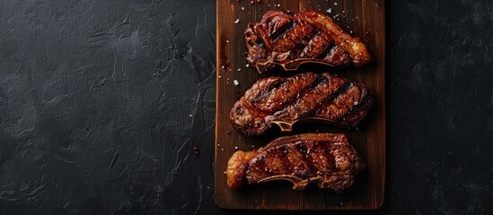 Poster - Top view of sliced BBQ pork chop or T-bone steak on a wooden board against a dark background, suitable for a copy space image.