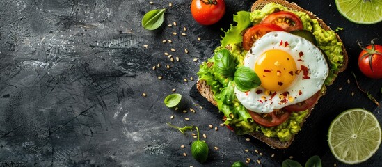 Poster - Top-down view of a nutritious diet sandwich with guacamole, fresh veggies, egg, lime, lettuce, and basil on a gluten-free bread placed on a grey stone table with copy space image.