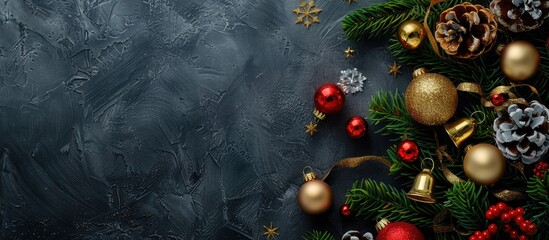 Poster - Dark background with a festive assortment including golden ball, Santa toy, Xmas bells, and a decorated toy Xmas tree, ideal for a copy space image.