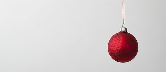 Poster - Red Christmas bauble decoration hanging against a white backdrop with copy space image.