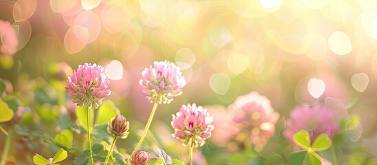 Poster - Soft card with a pastel background featuring an out-of-focus summer image of blooming clover on a meadow, with warm tones and heart-shaped bokeh, offering copy space image.