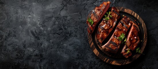 Poster - Top view of sliced BBQ pork chop or T-bone steak on a wooden board against a dark background, suitable for a copy space image.