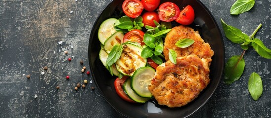 Aufkleber - Healthy food option comprising a chicken cutlet served alongside a zucchini and tomato salad, viewed from the top with copy space image.