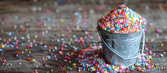 Aufkleber - Sugar sprinkles for cake decoration featuring a bucket overflowing with colorful sprinkles on a rustic wooden backdrop, ideal for a copy space image.