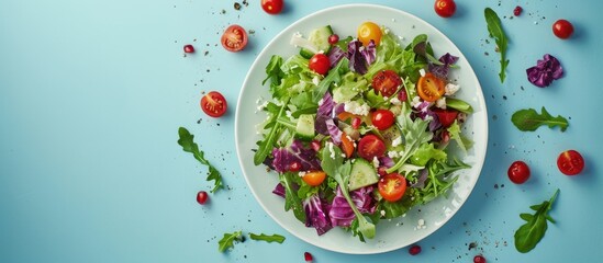 Poster - A salad plate with tasty, fresh food displayed on a blue background, promoting balanced nutrition in a copy space image.