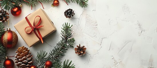Poster - Top view of a Christmas scene featuring a fir tree, gift box, and ornaments on a white table, with ample copy space for additional images or text.
