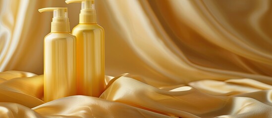 Canvas Print - A photo of two unlabeled yellow shampoo bottles set on silk fabric, reflecting body care and beauty theme, with empty space for text or graphics. High-quality image. Copy space image