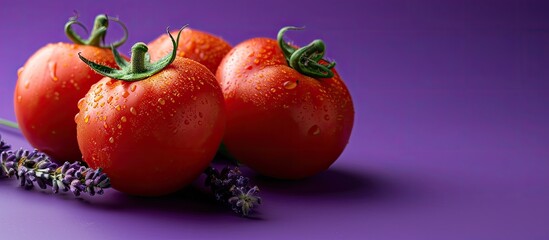 Poster - Fresh vegetables including three vibrant red tomatoes and a sprig of lavender are displayed on a purple background with a copy space image, ready for cooking on the table.