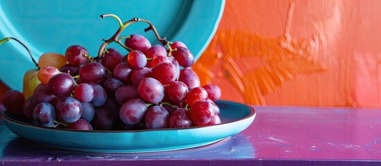 Poster - Grapes displayed on a blue plate with a vibrant wall in the background add a pop of color to the copy space image.