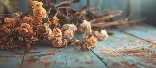 Aufkleber - Vintage filter enhances beauty of dried flowers on rustic wooden backdrop with ample copy space image.