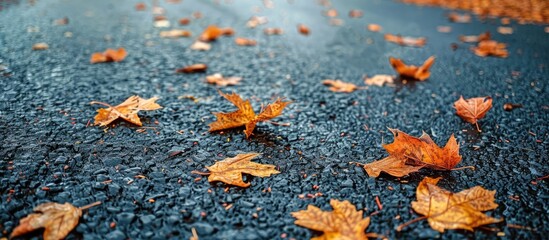 Poster - Dry autumn leaves scattered on the black asphalt road create an evocative image with empty space around. Copy space image. Place for adding text and design