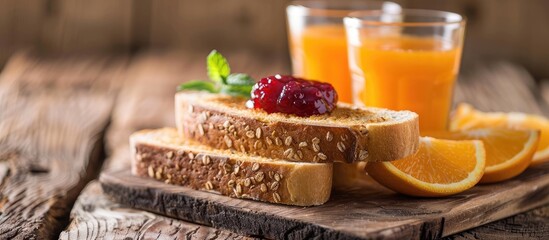 Poster - Whole grain bread with mixed berry jam, accompanied by orange juice in a glass on a wooden backdrop, creating a relaxing scene with copy space image.