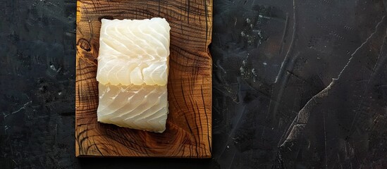 Aufkleber - Halibut fish steak on a wooden board against a black background from a top view, featuring copy space image.