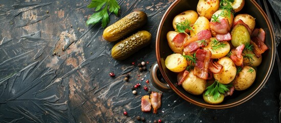 Wall Mural - Top view of breakfast with boiled potatoes, pickles, and bacon against a copy space image.