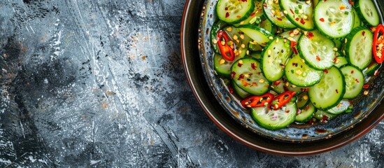 Sticker - Top view of a Chinese cucumber salad featuring chili peppers and sesame seeds against a plain background with copy space image.