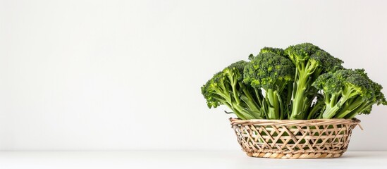 Aufkleber - Fresh broccolini arranged on a wicker stand against a white backdrop, conveying a vegetarian concept with copy space image.