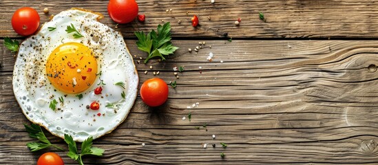 Aufkleber - Delicious fried eggs with veggies on a wooden table, top view with copy space image.