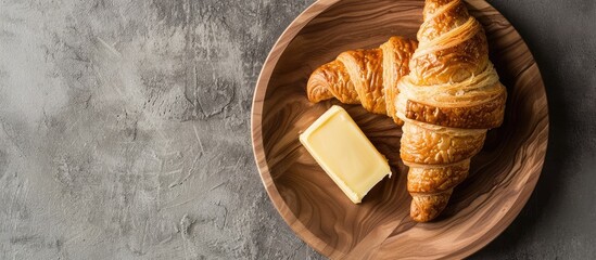 Poster - Wooden plate holds a fresh croissant and butter on a stone table, with copy space image.