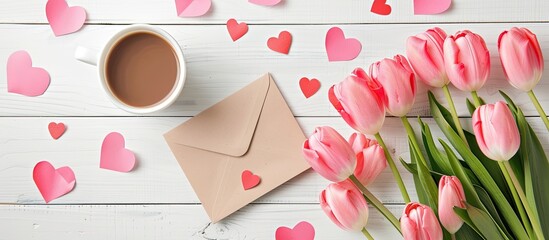 Poster - Mother's day concept with pink tulips, envelope, coffee cup, and paper hearts arranged on a white wooden surface with copy space image in flat lay style.