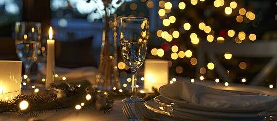 Poster - Festive holiday table setting with fairy lights background for Christmas, with room for additional images.