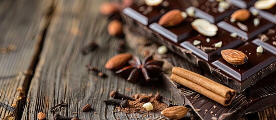 Poster - Dark chocolate bar with almonds, hazelnuts, and a cinnamon stick on a wooden background with space for text or other images. Copy space image. Place for adding text and design