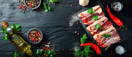 Poster - Top view of raw pork belly, chili pepper, peppercorns, oil, and parsley on a black wooden table with a copy space image.