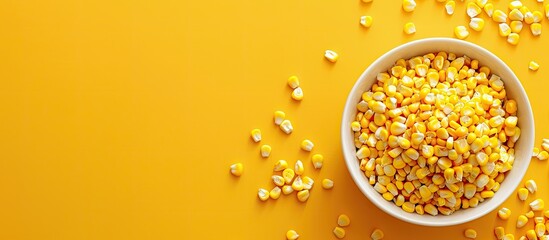 Poster - Roasted corn snack in a bowl on a yellow background suitable for recipes, articles, catalogues, or commercials, with ample copy space image.