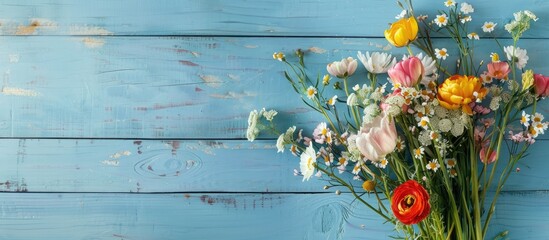 Canvas Print - Flowers from the garden displayed on a blue wooden table with a background perfect for a copy space image.