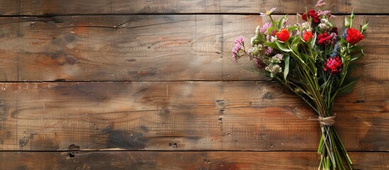 Aufkleber - Valentine's Day-themed flowers arranged on a rustic wooden desk with a romantic ambiance and copy space image.