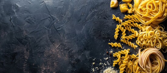 Poster - Top down view of different types of pasta on a dark concrete backdrop, ideal for a cooking concept, with ample space for adding text or images.