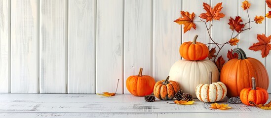 Fototapete - Fall-themed setup with pumpkins and decorations on a rustic white table. Ideal for autumn concepts or messages with available copy space image.