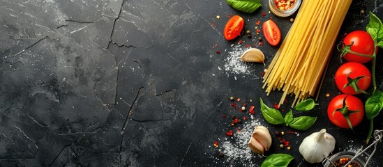 Aufkleber - Top view of raw spaghetti on a black stone table with tomato, garlic, and basil, allowing for copy space image.