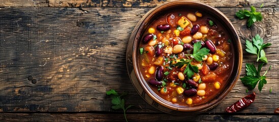 Poster - A rustic bowl of tasty chili bean soup on a wooden background with ample copy space image.