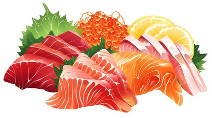 Sashimi assortment with salmon, tuna, and yellowtail, vibrant and fresh, detailed and centered, isolated as a PNG, ideal for sushi bar advertising or seafood promotions