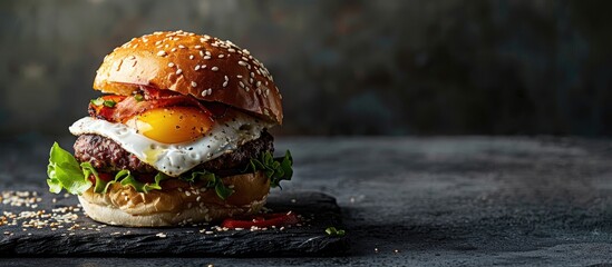 Poster - Delicious burger topped with a fried egg presented on a dark backdrop, with room for adding text in the empty area of the image. Copy space image. Place for adding text and design