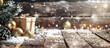 © HN Works - Wooden Christmas table adorned with rustic elements like snow-covered walls, golden ornaments, and a gift box, creating a winter-themed decor background ideal for New Year celebrations and
