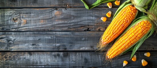 Poster - Top-down view of two-toned corn on a wooden backdrop with ample copy space image.