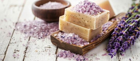 Poster - A rustic display of lavender organic soap with bath salt is arranged on a white wooden table with a blank background for adding images. Copy space image. Place for adding text and design