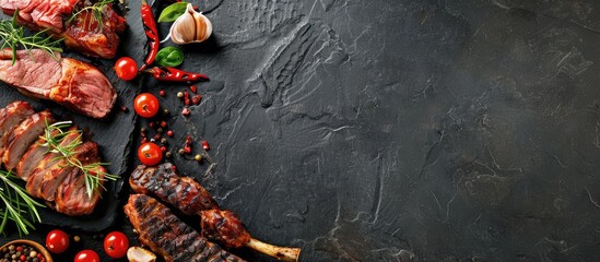 Poster - Different grilled meats like beef, pork, and chicken on a stone background with space for your text. Copy space image. Place for adding text and design
