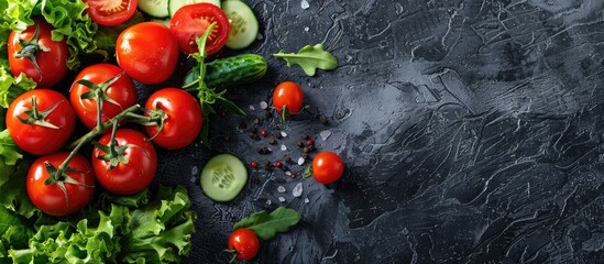 Canvas Print - Colorful fresh ingredients like ripe red tomatoes, crisp green salad, and juicy cucumbers look appetizing in a copy space image.