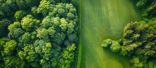 Wall Mural - An aerial drone captures a scenic rural landscape with a lush green forest in the backdrop, offering a picturesque view with copy space image.